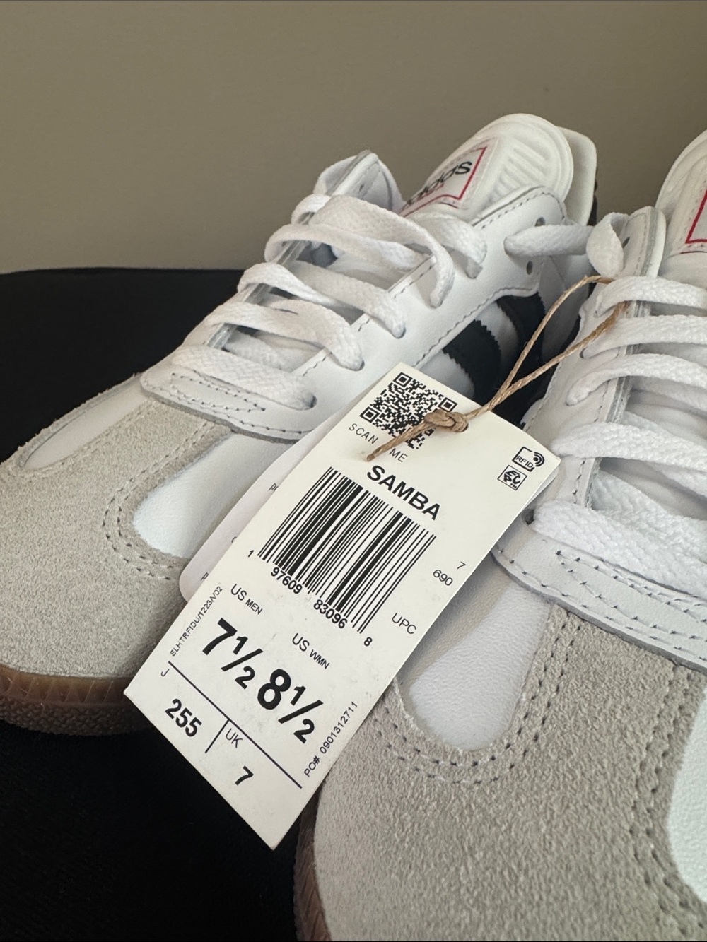 adidas Samba Sneakers in White with Black Stripes and Gum Sole - Picture 5 of 5